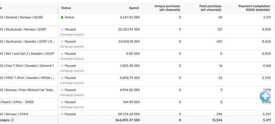 TikTok Ads Manager showing 15,524 purchases and 5.21x payment completion return